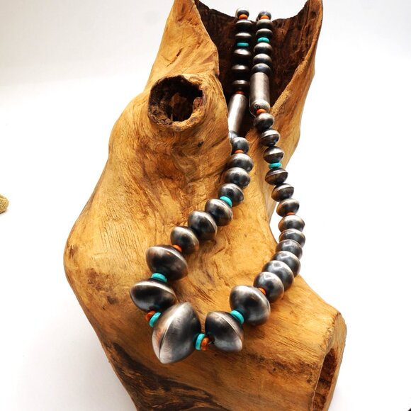 Native American Navajo Turquoise Silver Pearls Spiney Oyster Necklace & Earrings - Picture 9 of 10